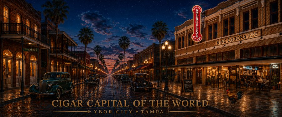 Cigar Capital of the World - a painted evening on 7th Avenue in Ybor City, with the King Corona building and its Arturo Fuente neon sign